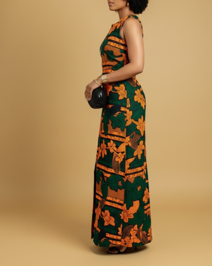 Halima African Print Maxi Front Zip Dress