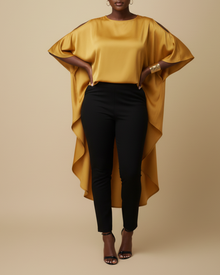 Person wearing a mustard yellow flow high low satin top and black pants