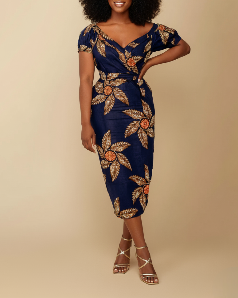 Front shot of a model wearing a navy blue with orange and brown floral patterns, off-shoulder dress on a beige background