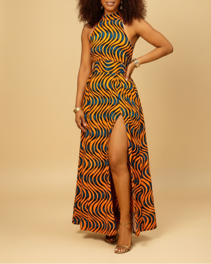 african halter dress Queen Ruza Halter Tie Strap V-neck High Waist Backless Women's Flare Mini Dress in Red Black and White African Ankara Kente