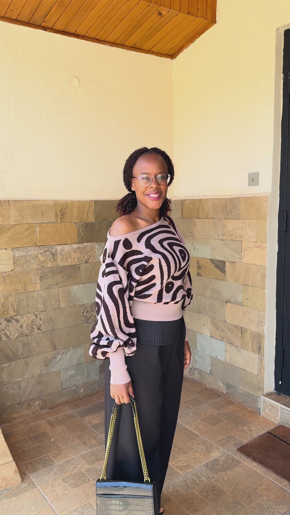 Printed Boatneck Off Shoulder Sweater
