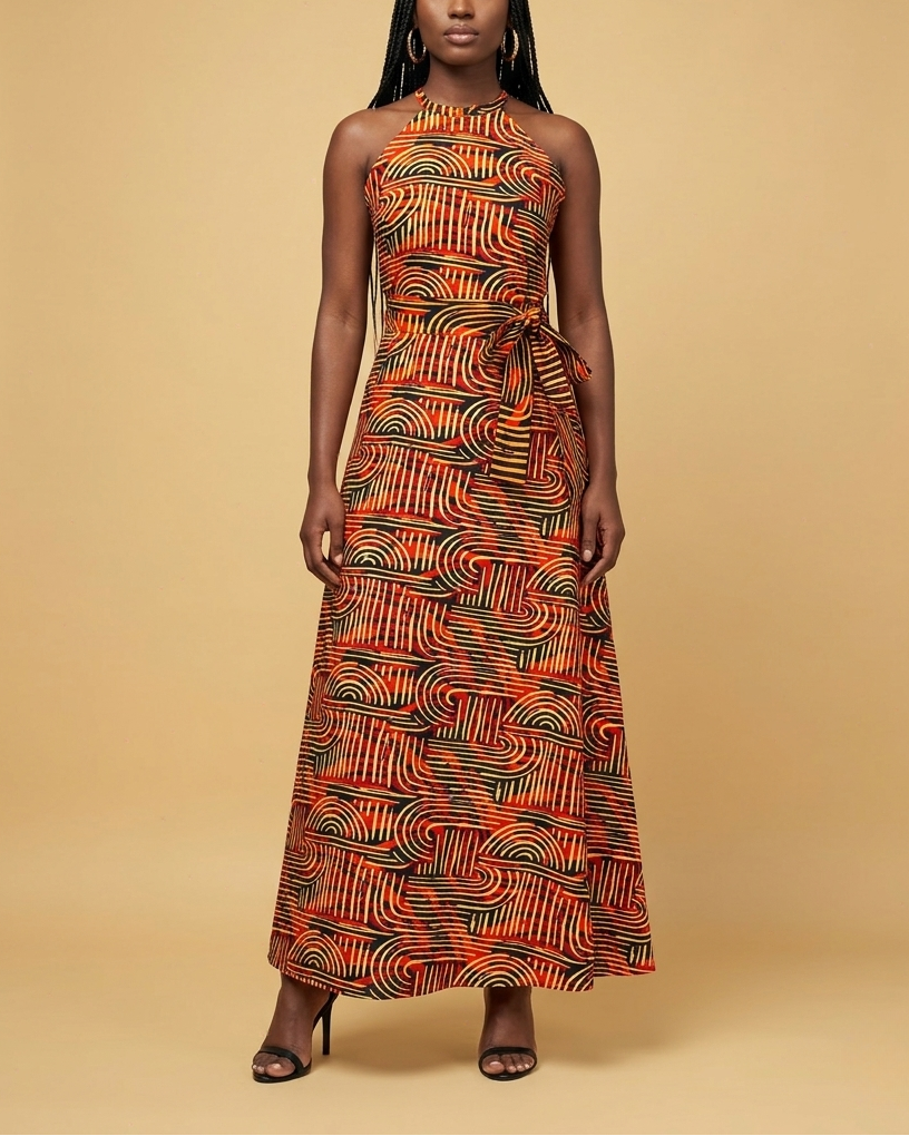 African Print Halter Maxi Dress Sahara Sunburst Print / S/M